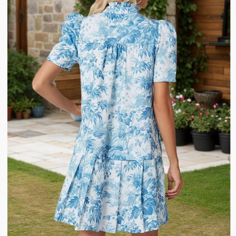 Kleid mit Rüschen am Ausschnitt und Plissee im Toile-Print