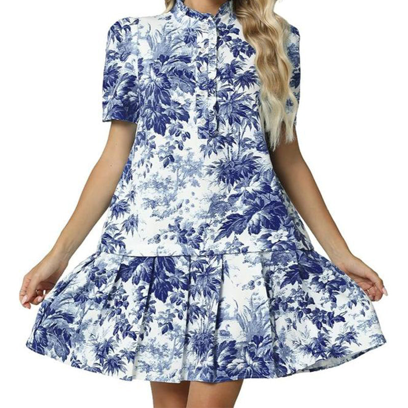 Kleid mit Rüschen am Ausschnitt und Plissee im Toile-Print